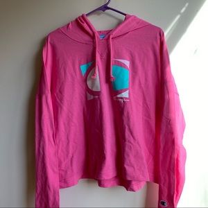 Champion Hoodie Sweatshirt Pullover Pink Logo Large